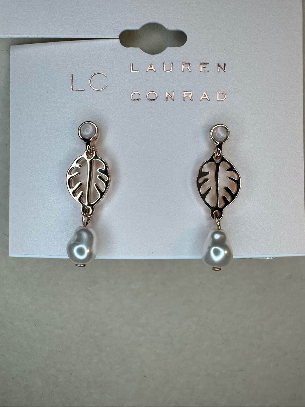 New LC Lauren Conrad Gold Leaf Drop Earrings with Pearl Charm